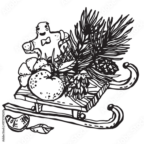 Gingerbread man, mandarins and pine branch on sled