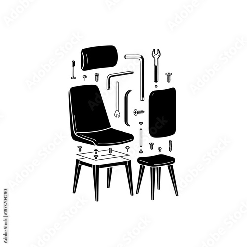 furniture assembly diagram for a chair and stool illustrating flat pack components and tools for home improvement projects