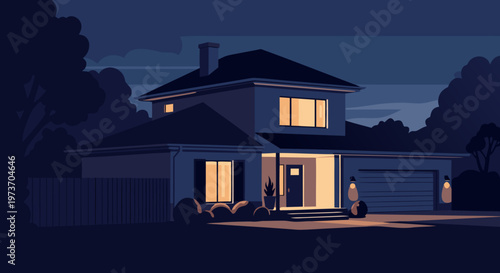 Charming suburban house with illuminated windows at dusk, showcasing a welcoming atmosphere and a well-maintained lawn