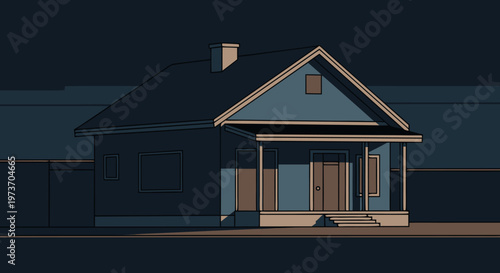 A Detailed Illustration of a Classic Blue House with a Porch at Dusk