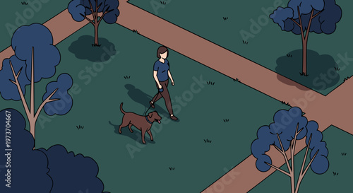 An evening stroll in the park with a loyal canine companion, enjoying the serene atmosphere and gentle breeze