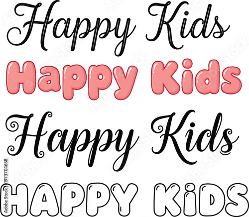 Vibrant collection of playful 'Happy Kids' typography, featuring a variety of script and modern font styles for children's themes and creative design projects