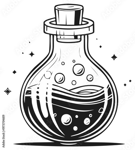 Magical potion in a round glass bottle with stopper and sparkling stars illustration