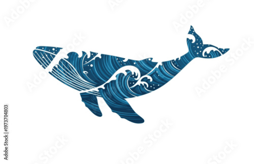 Artistic Whale Double Exposure Silhouette, Modern Ocean Wave Animal Vector, High Contrast Nautical T-shirt Illustration