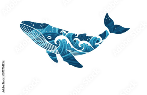 Artistic Whale Double Exposure Silhouette, Modern Ocean Wave Animal Vector, High Contrast Nautical T-shirt Illustration