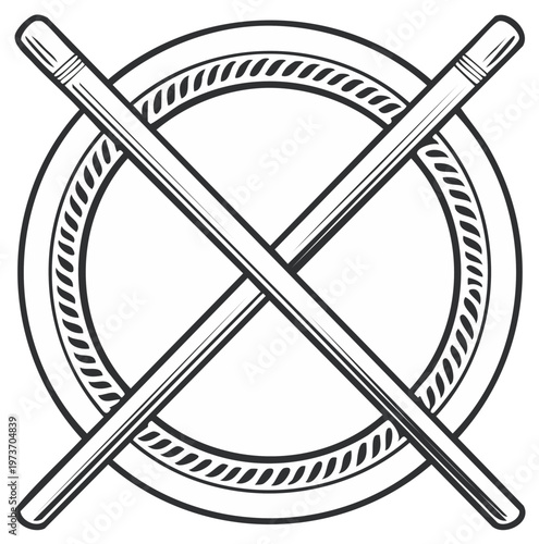 Crossed drumsticks in circle outline for music design, vintage emblem
