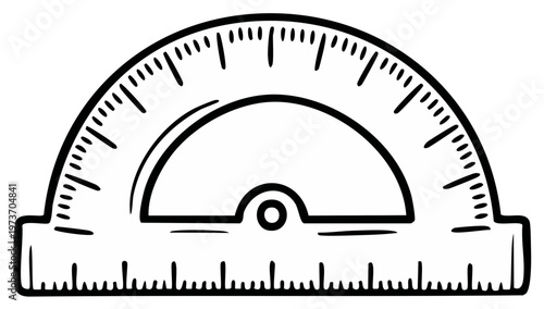 Black and white hand-drawn illustration of a protractor measuring angles for geometry