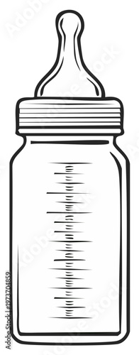 Baby bottle illustration with black outline and measurements, for infants and toddlers, isolated