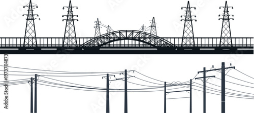 Vector illustration of high-voltage transmission towers with power lines and utility poles, symbolizing electricity artwork, energy grid graphics, infrastructure design, and modern power distribution 