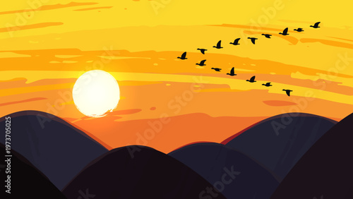 枕草子の秋は夕暮をイメージした背景イラスト_雁の群れ_16:9