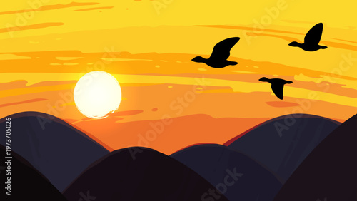 枕草子の秋は夕暮をイメージした背景イラスト_16:9