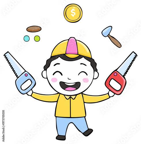 Joyful construction worker child happily juggles tools and coins with a cheerful expression