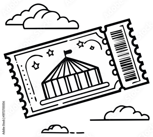 Circus ticket illustration with clouds, stars, and big top tent graphic.