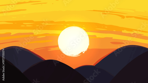 山に沈む夕日のイラスト_16:9