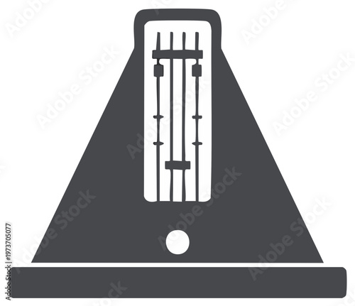 Simple graphic of a musical metronome in black and white. Depicts timekeeping instrument.