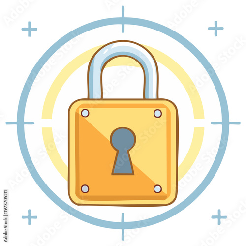 Cartoon padlock in target crosshairs representing cybersecurity and data protection