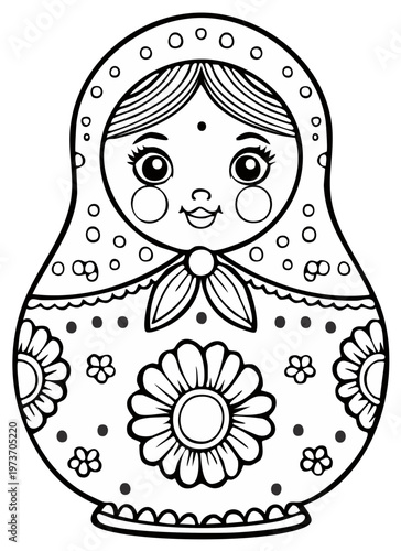Outline Drawing of Russian Nesting Doll with Floral Patterns for Coloring Activity