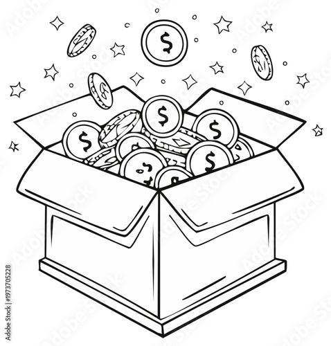 Open box overflowing with dollar coins and celebratory stars illustrating abundance and wealth