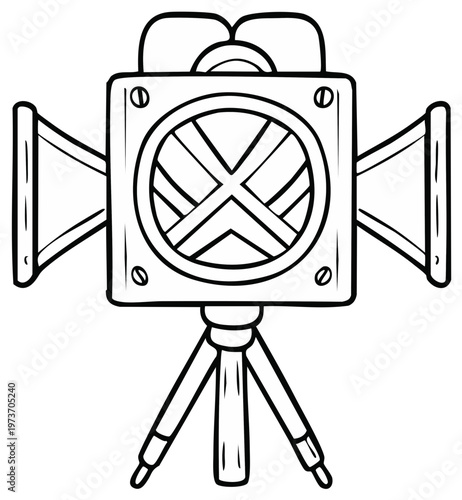 Cartoon line drawing of a retro movie camera on a tripod