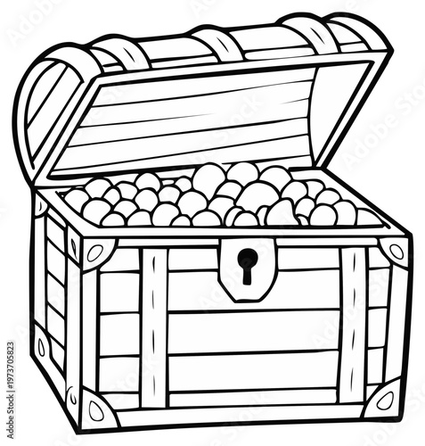 Cartoon wooden treasure chest overflowing with golden spheres