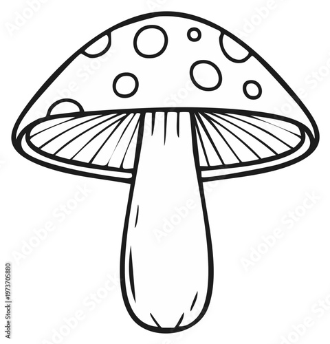 Mushroom Line Art Illustration with Spots on Cap and Gills, Stylized Black and White Cartoon