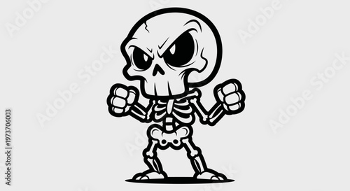 Black and white cartoon skeleton character with an angry expression and clenched fists in a fighting pose.