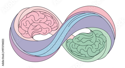 Abstract illustration of the gut-brain axis, depicting a pink brain and green intestines within a pastel-colored infinity symbol, representing their interconnectedness.