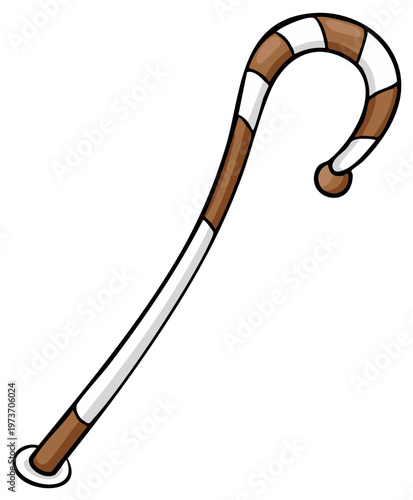 Decorative striped cane with a curved handle and a round knob at the end, illustrated in cartoon style