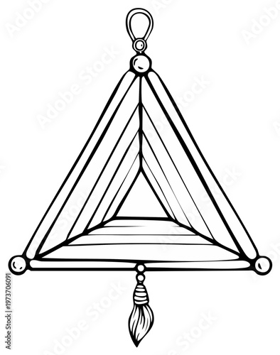 Hanging triangle dreamcatcher with tassel, isolated on white vector illustration, traditional boho decor element, mystical amulet and interior decoration