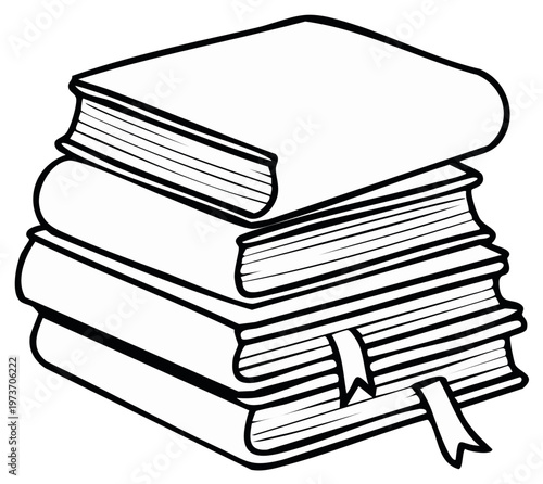 Simple line art illustration showing a vertical stack of four books with two visible bookmarks ready for reading and learning