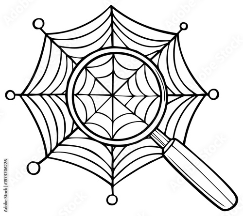 Magnifying glass examining a stylized spiderweb. Concept of online research and analysis.