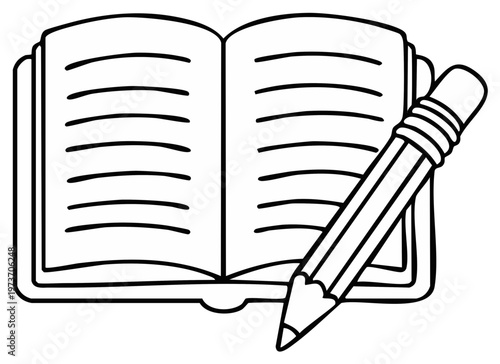 Open book with pencil for drawing writing and note taking in monochrome design