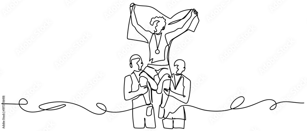 Obraz premium A continuous one line drawing of a team of three athletes celebrating their victory with joy. One line drawing. Editable stroke.