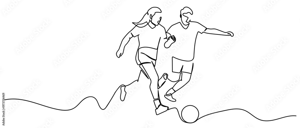 Obraz premium A continuous one line drawing of male and female football players competing against each other. One line drawing. Editable stroke.