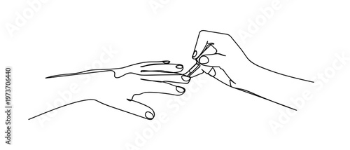 Continuous one line drawing of a nail technician painting nails. One line drawing. Editable stroke.