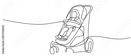 Continuous one line drawing of a baby sitting in a stroller. One line drawing. Editable stroke.