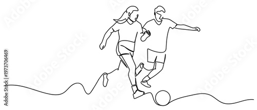 A continuous one line drawing of male and female football players competing against each other. One line drawing. Editable stroke.