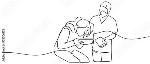 A continuous one line drawing of a person suffering from food poisoning being cared for by a nurse. One line drawing. Editable stroke.