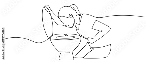 A continuous one line drawing of a person suffering from food poisoning vomiting into a toilet. One line drawing. Editable stroke.
