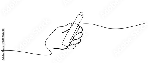 Continuous one line drawing of a hand holding an electronic cigarette. a person smoking an electronic cigarette. One line drawing. Editable stroke.
