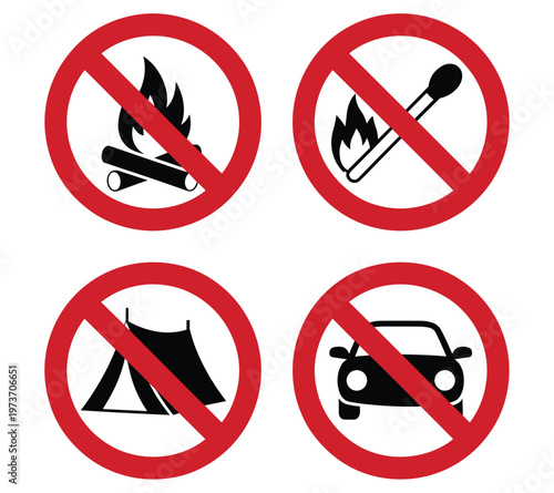 Prohibited items fire camping and vehicles restriction sign silhouette