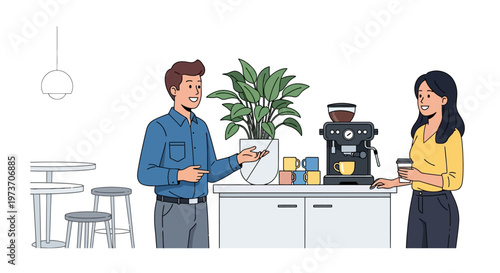 Colleagues Talking at Modern Office Coffee Station