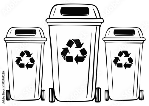 Illustrated three wheeled recycle bins with recycle symbol design. Environmental concept for waste management and sorting.