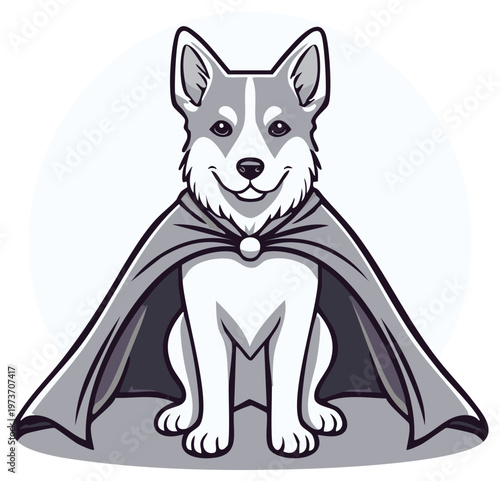 Superhero Husky Dog Sitting Proudly Wearing a Gray Cape and Looking Forward with a Smile