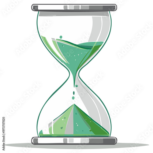 Green liquid flowing through an hourglass symbolizing time passing and measurement.