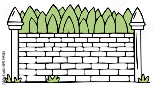 Whimsical Brick Wall with Lush Greenery and Ornate Pillars in a Hand-Drawn Style