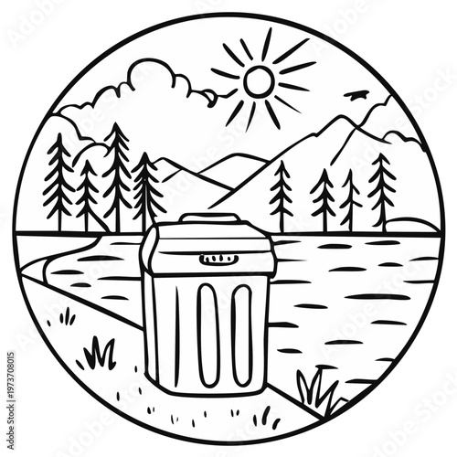 Trash can in nature landscape with trees, sun, mountains and clouds in round frame.