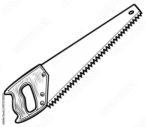 Hand Saw Illustration with Detailed Blade Teeth and Wooden Handle for Woodworking