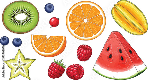 Colorful and fresh assortment of sliced fruits and berries