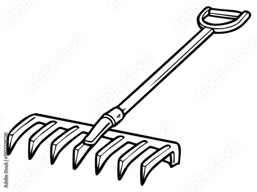 Black and white line drawing of garden rake for yard work, lawn care and leaves collection illustration
